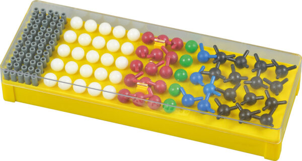 Zestaw edukacyjnych modeli cząsteczek chemicznych w plastikowym pudełku.