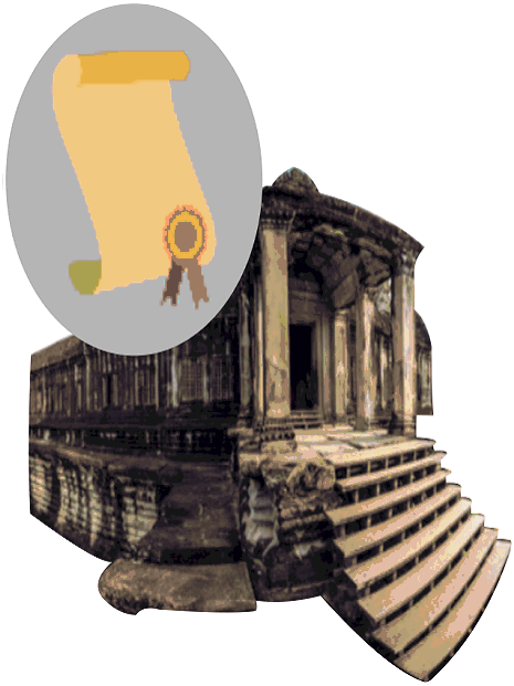 Starożytna świątynia z kamiennymi schodami oraz ikona zwoju z pieczęcią.