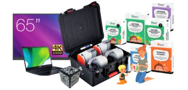 Zestaw edukacyjny: monitor 65" 4K, laptop, gogle VR w walizce, kostka interaktywna i pomoce dydaktyczne do terapii.
