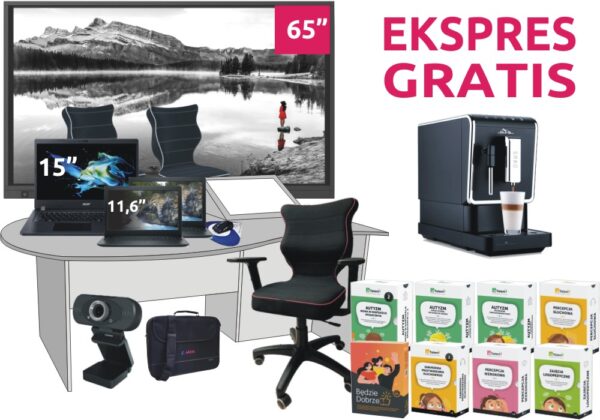 Zestaw edukacyjny: monitor 65", laptopy, krzesło biurowe, ekspres do kawy i pomoce dydaktyczne z napisem "EKSPRES GRATIS"