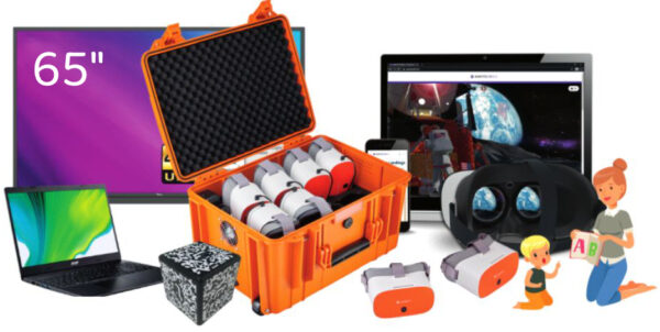 Zestaw do wirtualnej rzeczywistości: gogle VR, laptop, monitor 65", skrzynia transportowa i interaktywne kostki edukacyjne.