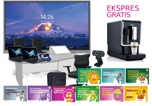 Zestaw edukacyjny z tablicą interaktywną, laptopami, akcesoriami i oprogramowaniem Eduterapeutica oraz ekspres do kawy gratis.