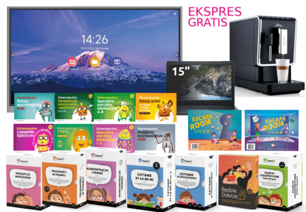 Zestaw pomocy edukacyjnych mTalent i Eduterapeutyka z monitorem interaktywnym, laptopem 15" oraz ekspresem do kawy gratis.