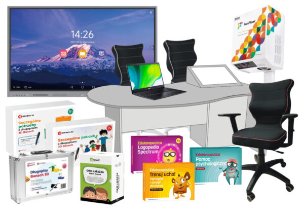 Wyposażenie gabinetu terapeutycznego: interaktywny monitor, laptop, krzesło oraz zestawy edukacyjne i logopedyczne.