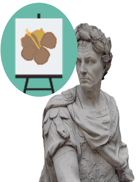 Popiersie Juliusza Cezara i sztaluga z grafiką kwiatu hibiskusa.