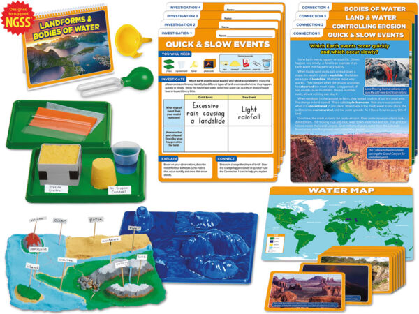 Zestaw edukacyjny do nauki o ukształtowaniu terenu i zjawiskach geologicznych z planszami, kartami zadań i modelami.