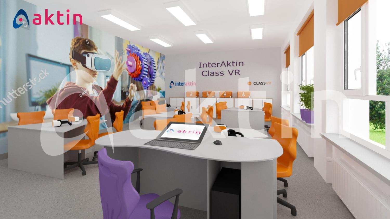 Nowoczesna sala lekcyjna wyposażona w gogle VR i stanowiska komputerowe marki InterAktin Class VR.