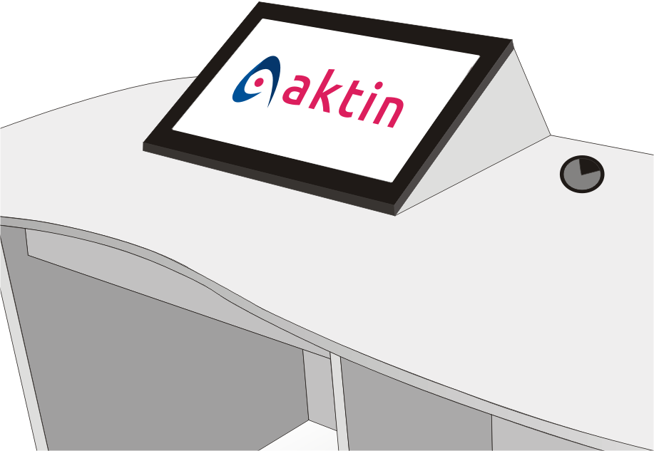 Kiosk informacyjny z ekranem dotykowym i logo firmy aktin.