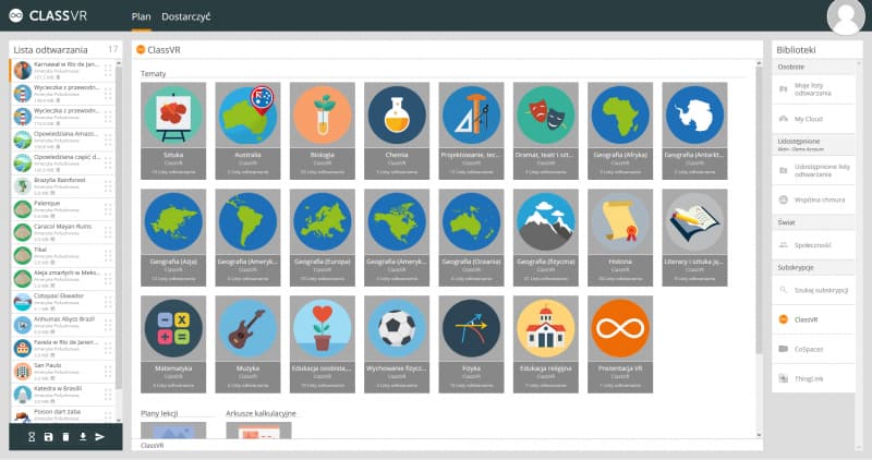 Panel główny platformy ClassVR z biblioteką tematów edukacyjnych, listą odtwarzania i dostępnymi zasobami dydaktycznymi.