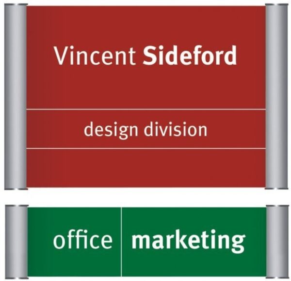 Tabliczki informacyjne: „Vincent Sideford, design division” oraz „office marketing”.
