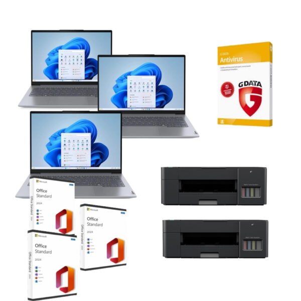 Zestaw: laptopy z Windows 11, oprogramowanie Microsoft Office Standard 2024, antywirus G Data i drukarki z systemem stałego zasilania.