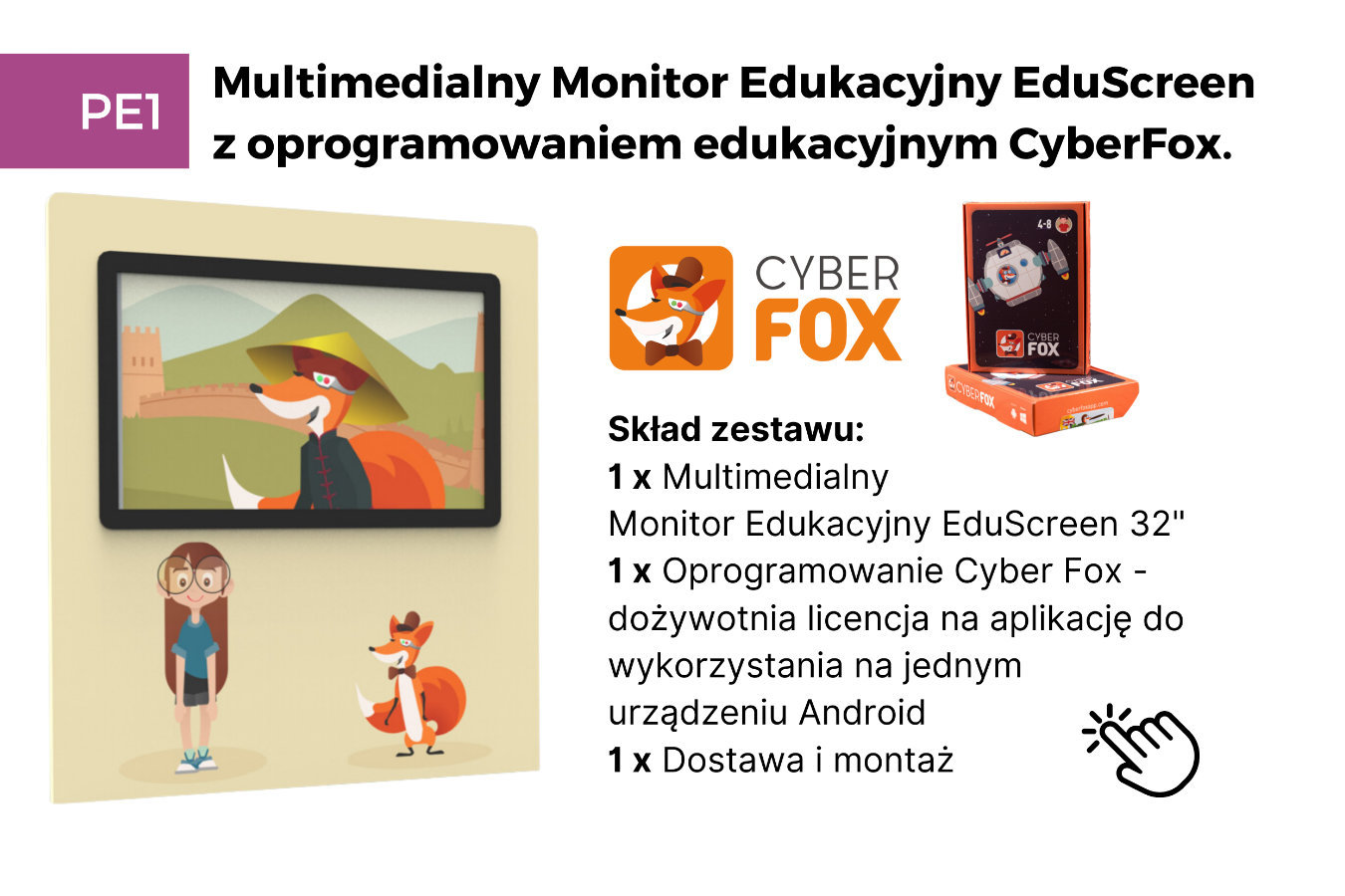 Multimedialny Monitor Edukacyjny EduScreen z oprogramowaniem edukacyjnym CyberFox 3 Oprogramowanie Edukacyjne CyberFox z Monitorem Multimedialnym