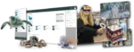 Osoba w goglach VR wchodzi w interakcję z edukacyjną platformą cyfrową do nauki biologii i anatomii.