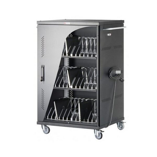 Mobilna szafka na kółkach do przechowywania i ładowania laptopów lub tabletów.