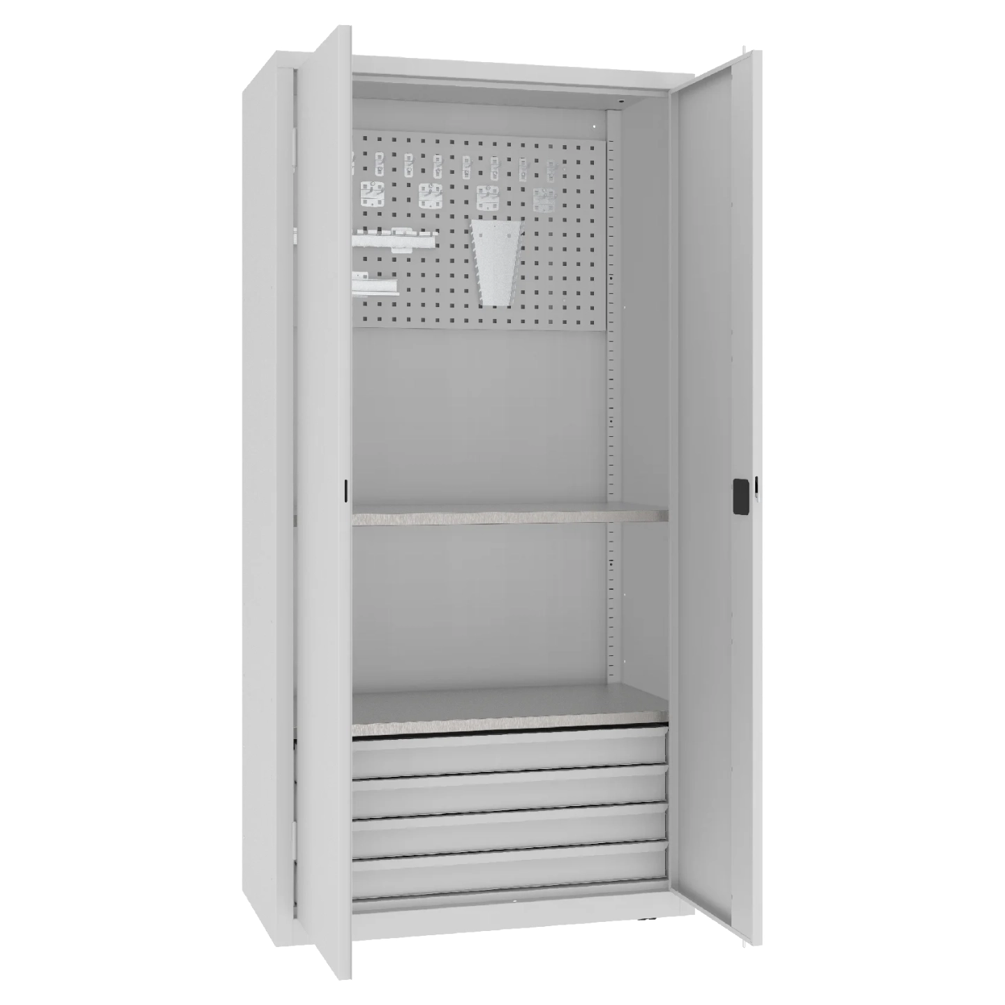 Ciężka szafa warsztatowa msw narzędziowa 11 Szara szafa warsztatowa z otwartymi drzwiami, półkami, szufladami i perforowaną ścianką na narzędzia.