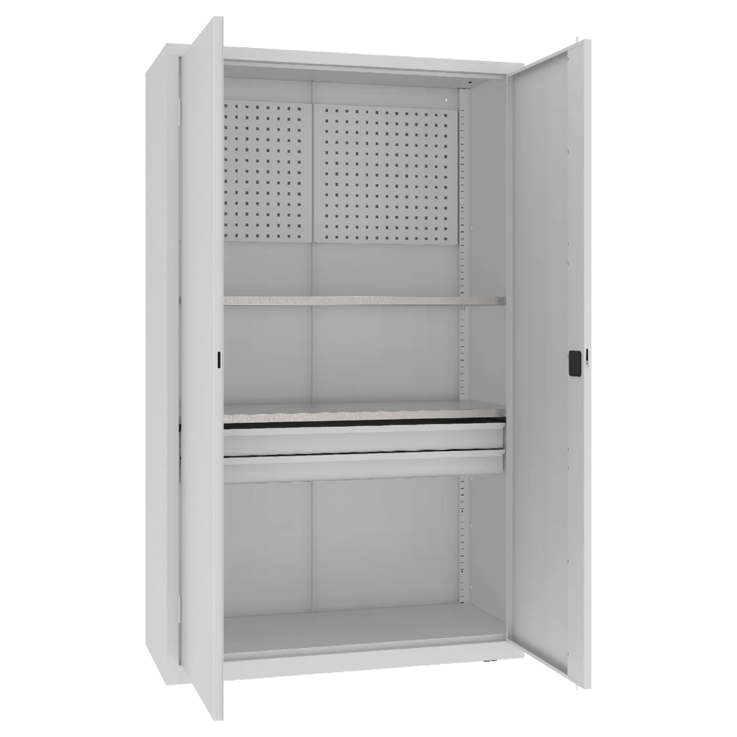 Ciężka szafa warsztatowa msw narzędziowa 5 Otwarta szara szafa warsztatowa z metalowymi półkami, szufladą i perforowaną ścianką na narzędzia.