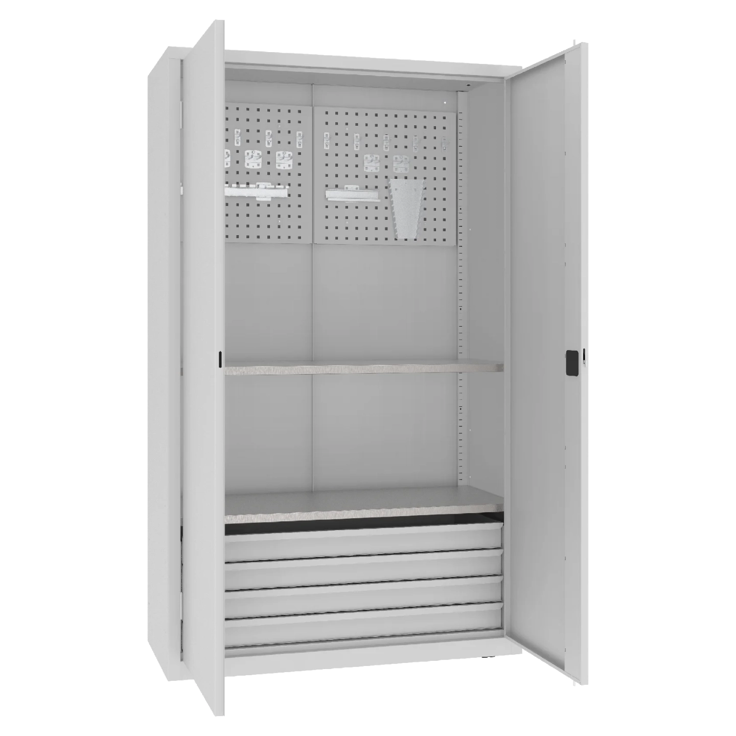 Ciężka szafa warsztatowa msw narzędziowa 8 Metalowa szafa warsztatowa z półkami, szufladami i perforowaną ścianką na narzędzia.