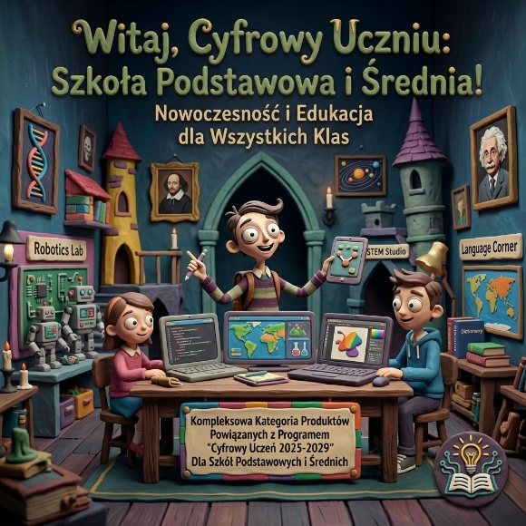 Uczniowie przy komputerach w sali lekcyjnej z napisem „Witaj, Cyfrowy Uczniu: Szkoła Podstawowa i Średnia!”