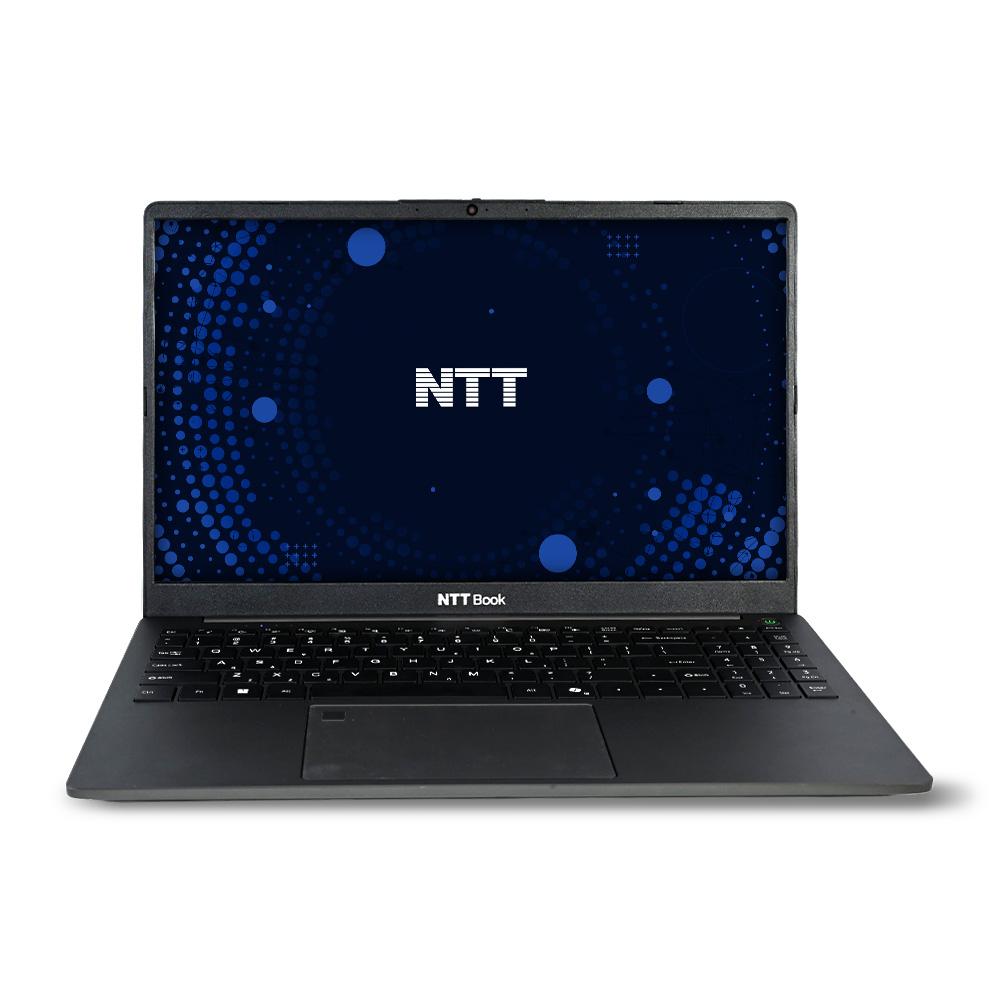 Laptop NTT Book z włączonym ekranem i logo marki.