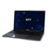 Laptop NTT Book z włączonym ekranem i logo NTT.