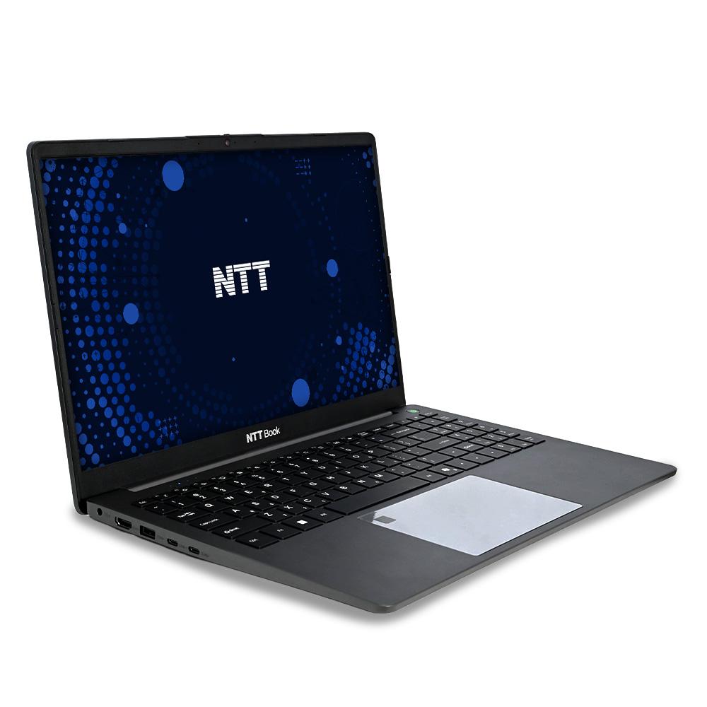 Otwarty laptop NTT Book z logo marki na ekranie i na obudowie.
