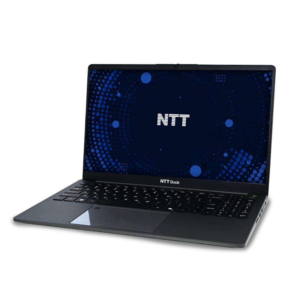 Laptop NTT Book z włączonym ekranem i logo marki.