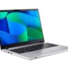 Srebrny laptop Acer z otwartą klapą i abstrakcyjną tapetą na ekranie.