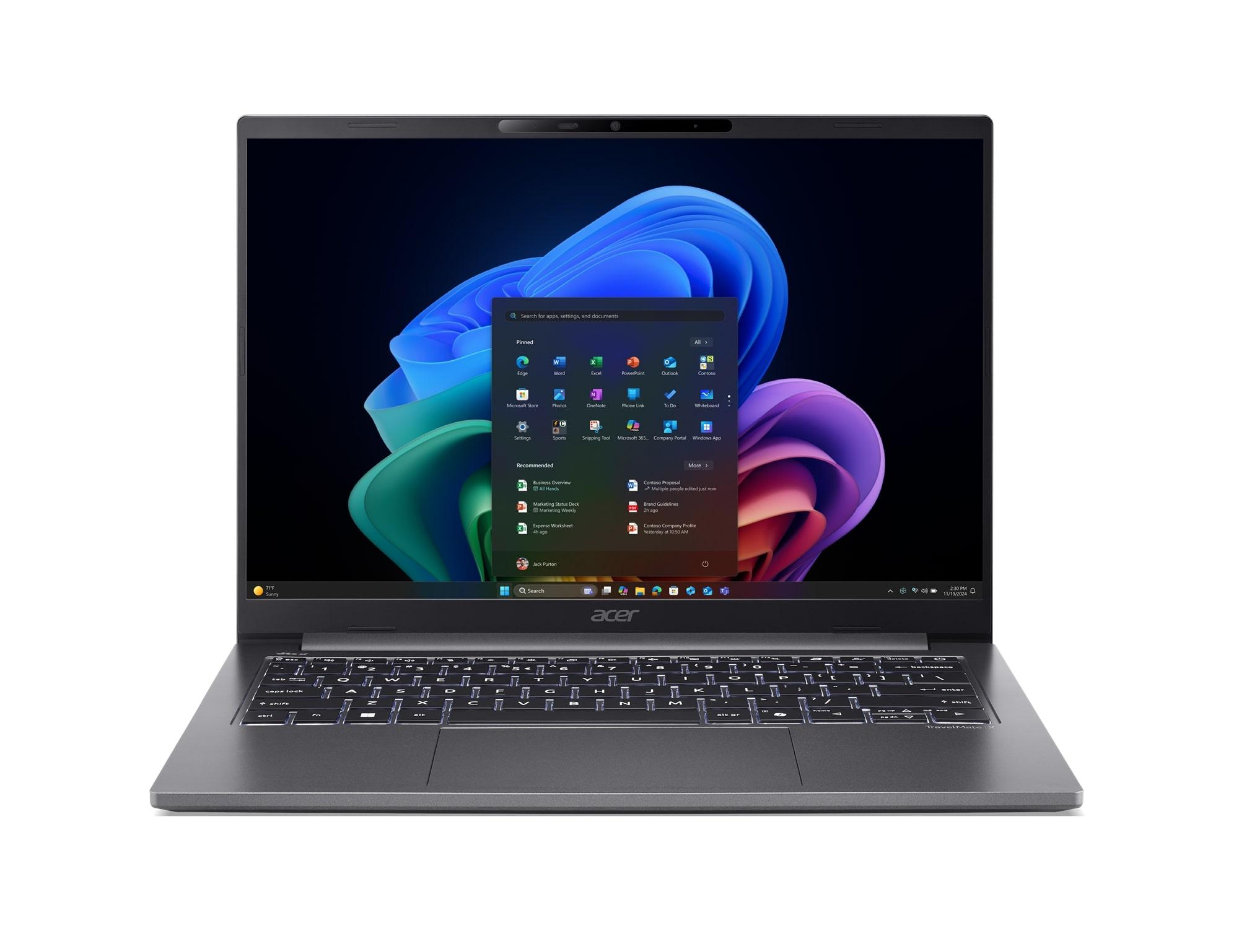 Laptop Acer z otwartym menu start systemu Windows 11 na ekranie.