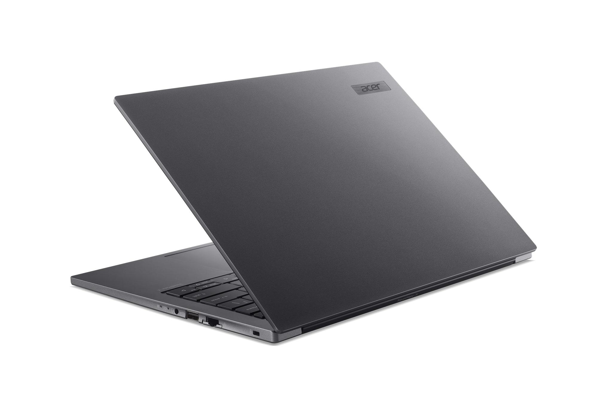 Laptop Acer TravelMate P4 w kolorze szarym, widok z boku na zamkniętą pokrywę.