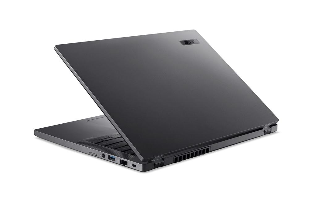 Szary laptop Acer z widocznymi portami na obudowie.