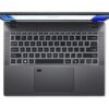 Widok z góry na otwarty laptop Acer TravelMate z podświetlaną klawiaturą typu QWERTY i touchpadem.