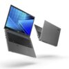 Dwa laptopy Acer w kolorze szarym, jeden otwarty, drugi zamknięty, lewitujące na białym tle.