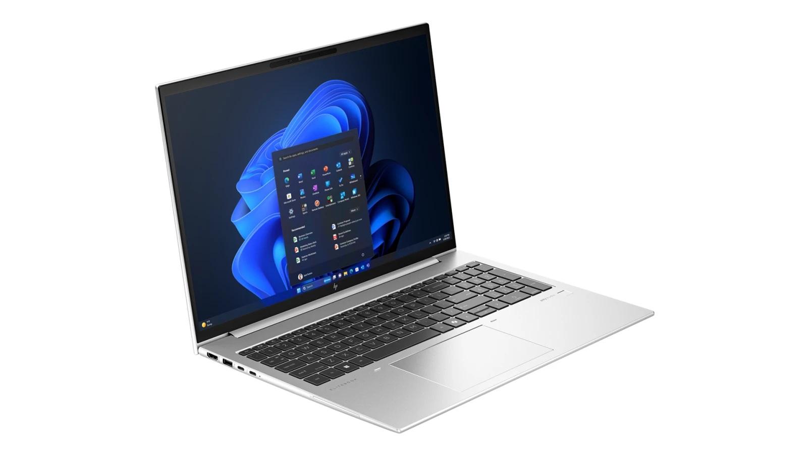 Srebrny laptop HP EliteBook z otwartym ekranem i systemem Windows 11.