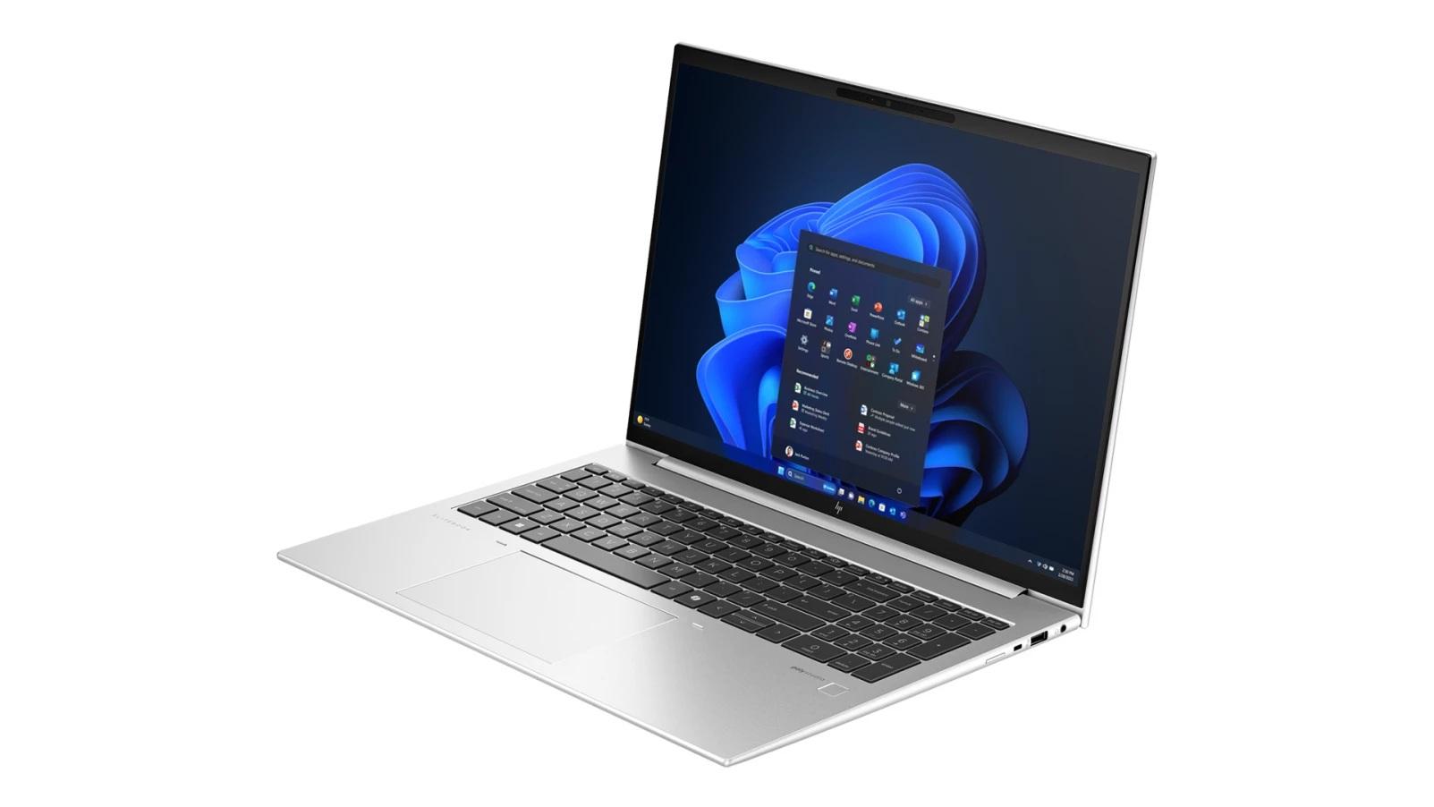 Srebrny laptop HP EliteBook z otwartym systemem Windows 11.