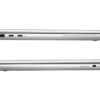 Boczne panele z portami srebrnego laptopa: HDMI, USB-A, Thunderbolt, slot kart i złącze audio.