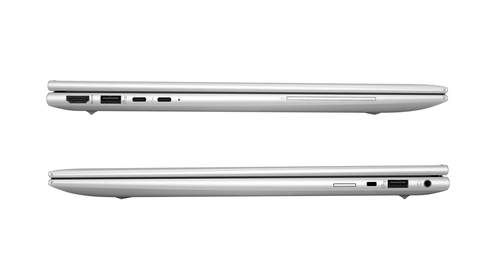 Boczne panele z portami srebrnego laptopa: HDMI, USB-A, Thunderbolt, slot kart i złącze audio.