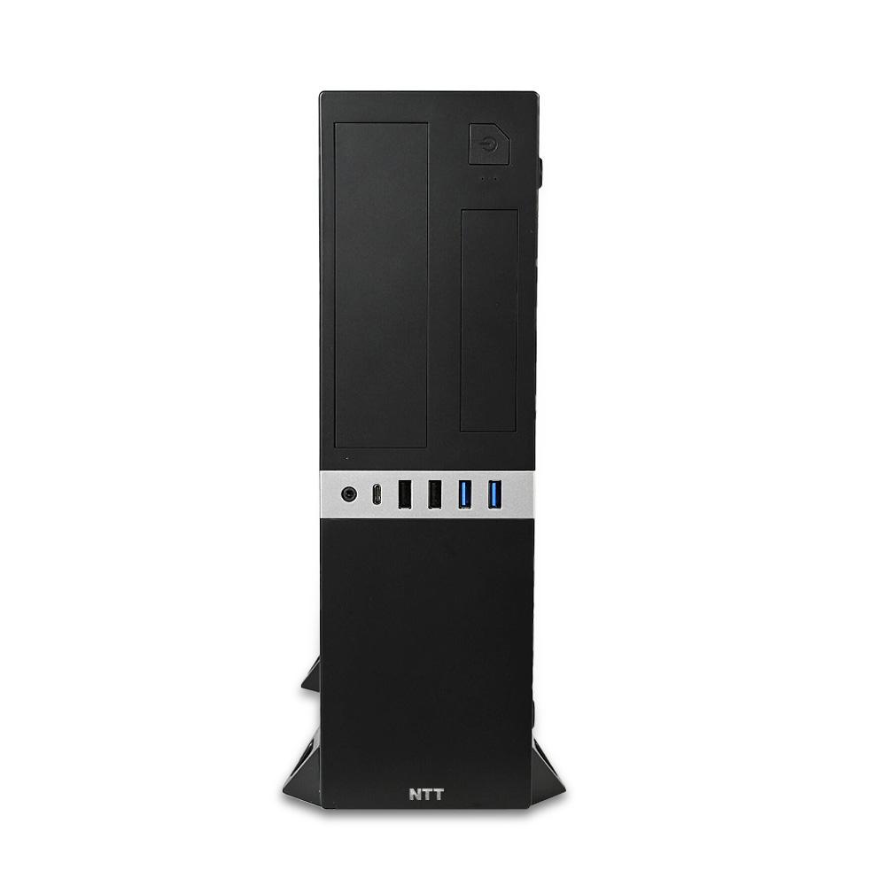 104503 Czarna obudowa komputera stacjonarnego NTT z panelem przednim wyposażonym w porty USB.
