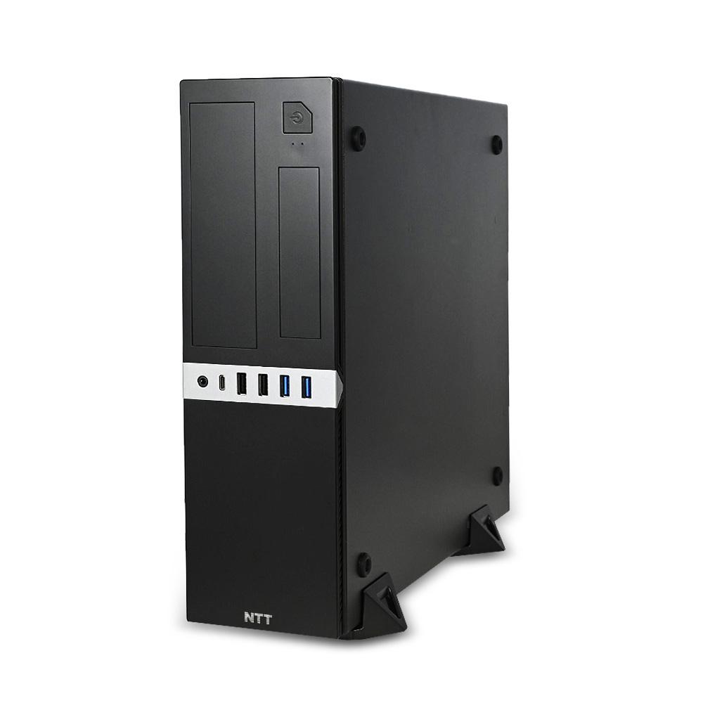 104504 Czarna obudowa komputerowa typu tower marki NTT z panelem przednim wyposażonym w porty USB i audio.