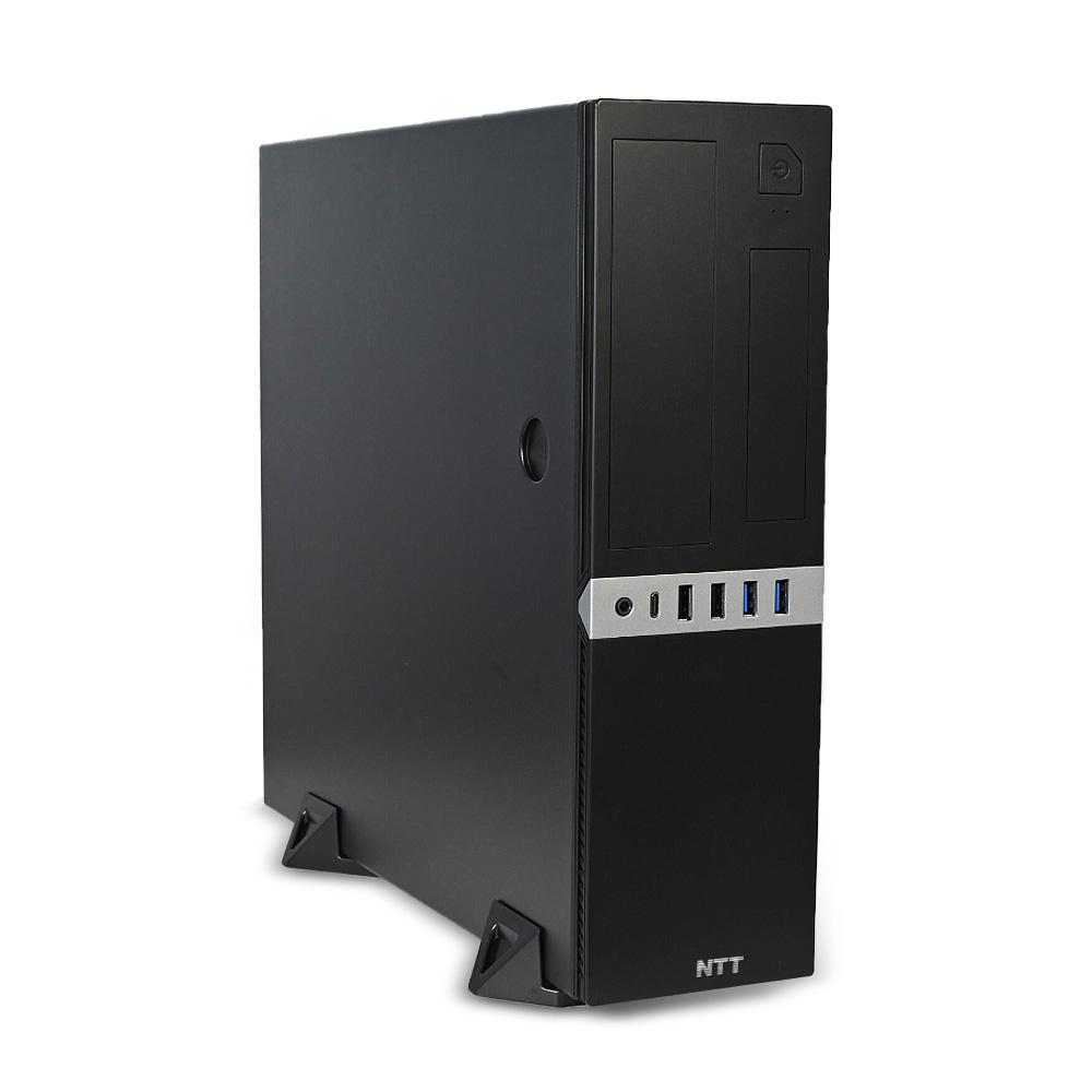 104518 Czarna obudowa komputera stacjonarnego marki NTT z przednim panelem z portami USB.