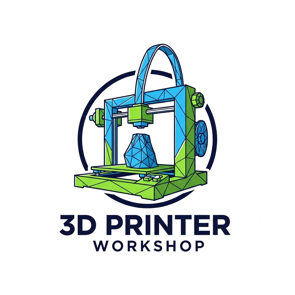 Logo 3D Printer Workshop: geometryczna drukarka 3D drukująca obiekt wewnątrz okręgu.