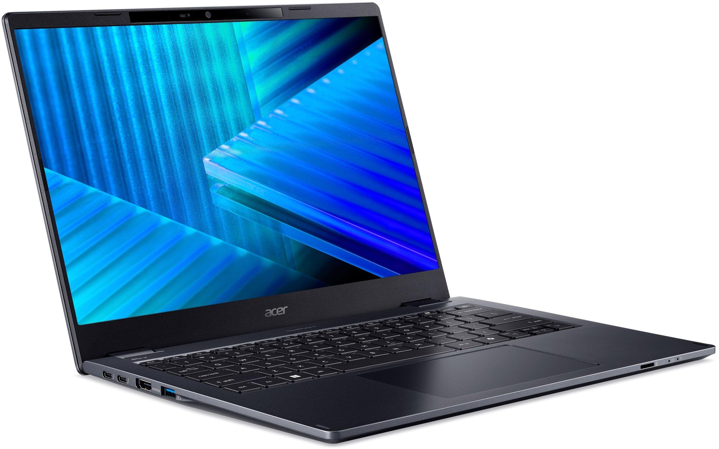 Otwarty laptop Acer z niebieską tapetą na ekranie.
