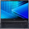 Laptop Acer TravelMate P z włączonym ekranem i abstrakcyjną niebieską tapetą.