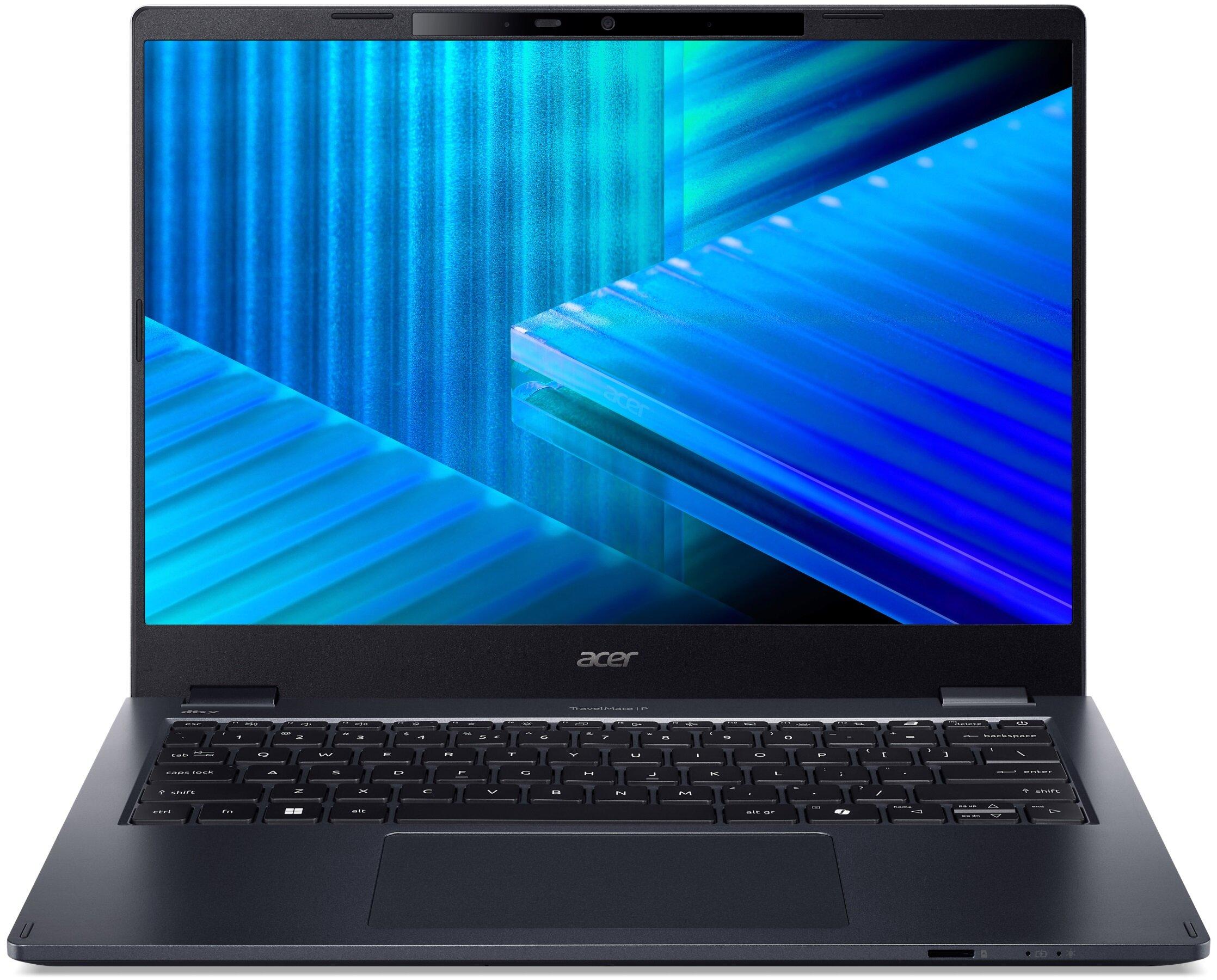 Laptop Acer TravelMate P z włączonym ekranem i abstrakcyjną niebieską tapetą.