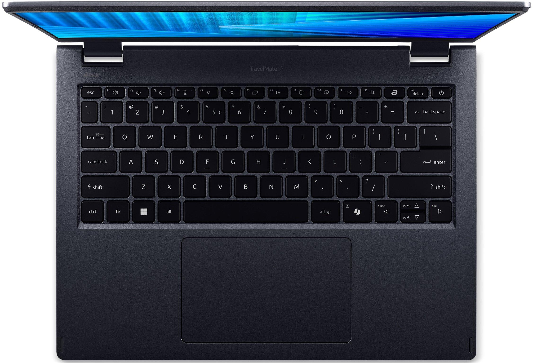 Widok z góry na klawiaturę i touchpad laptopa Acer TravelMate P.