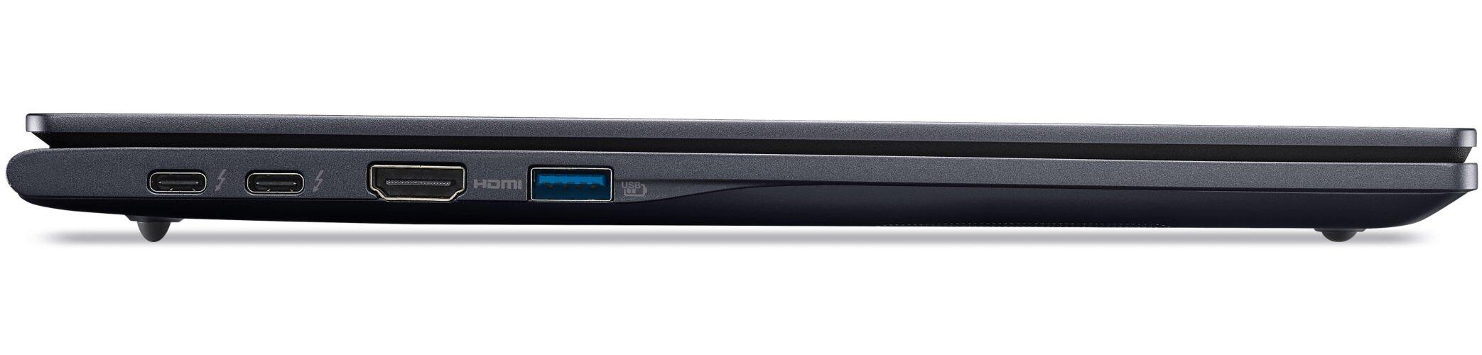 Boczny panel laptopa z dwoma portami USB-C Thunderbolt, portem HDMI i portem USB.