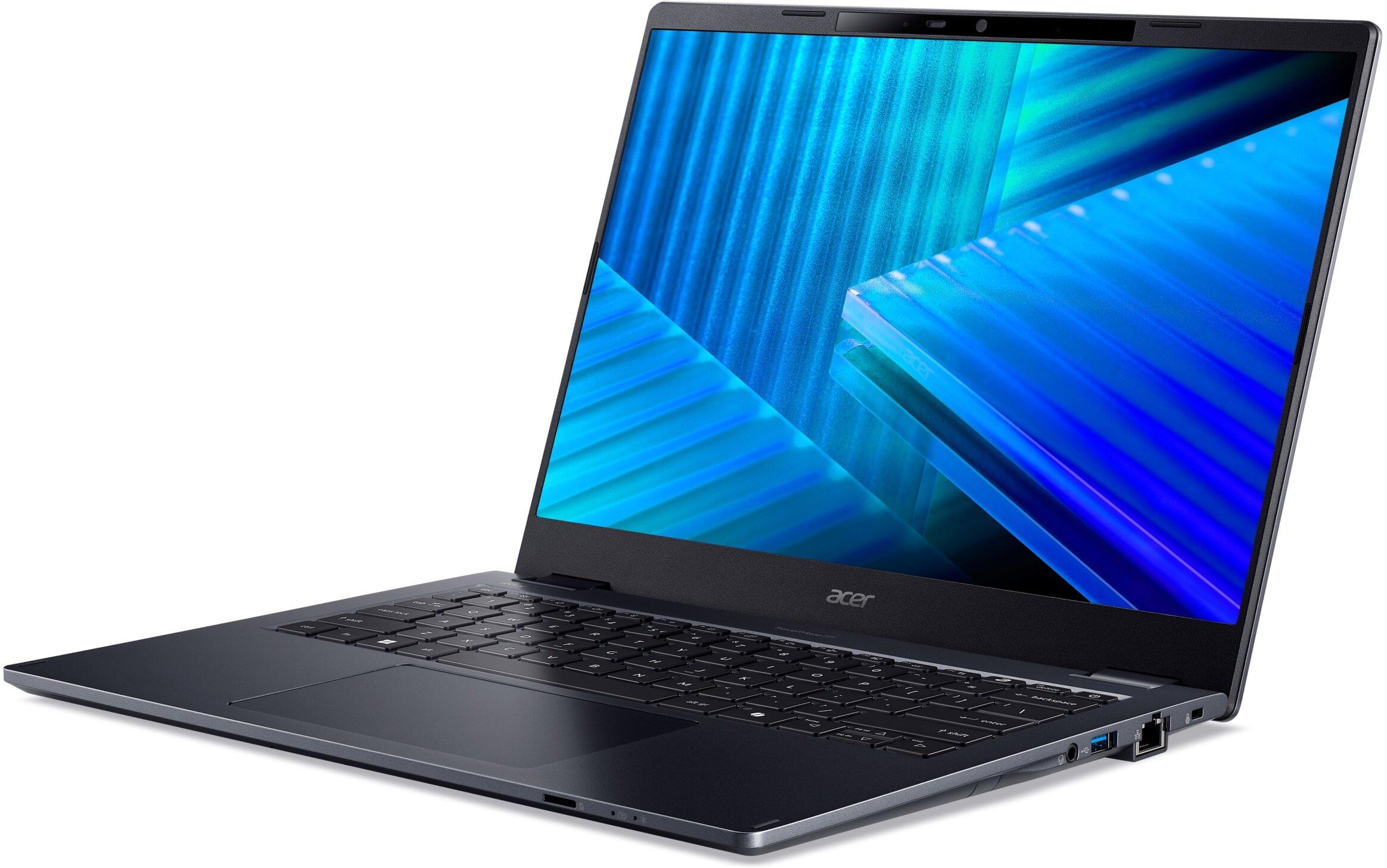 Otwarty laptop Acer z niebieską tapetą na ekranie.