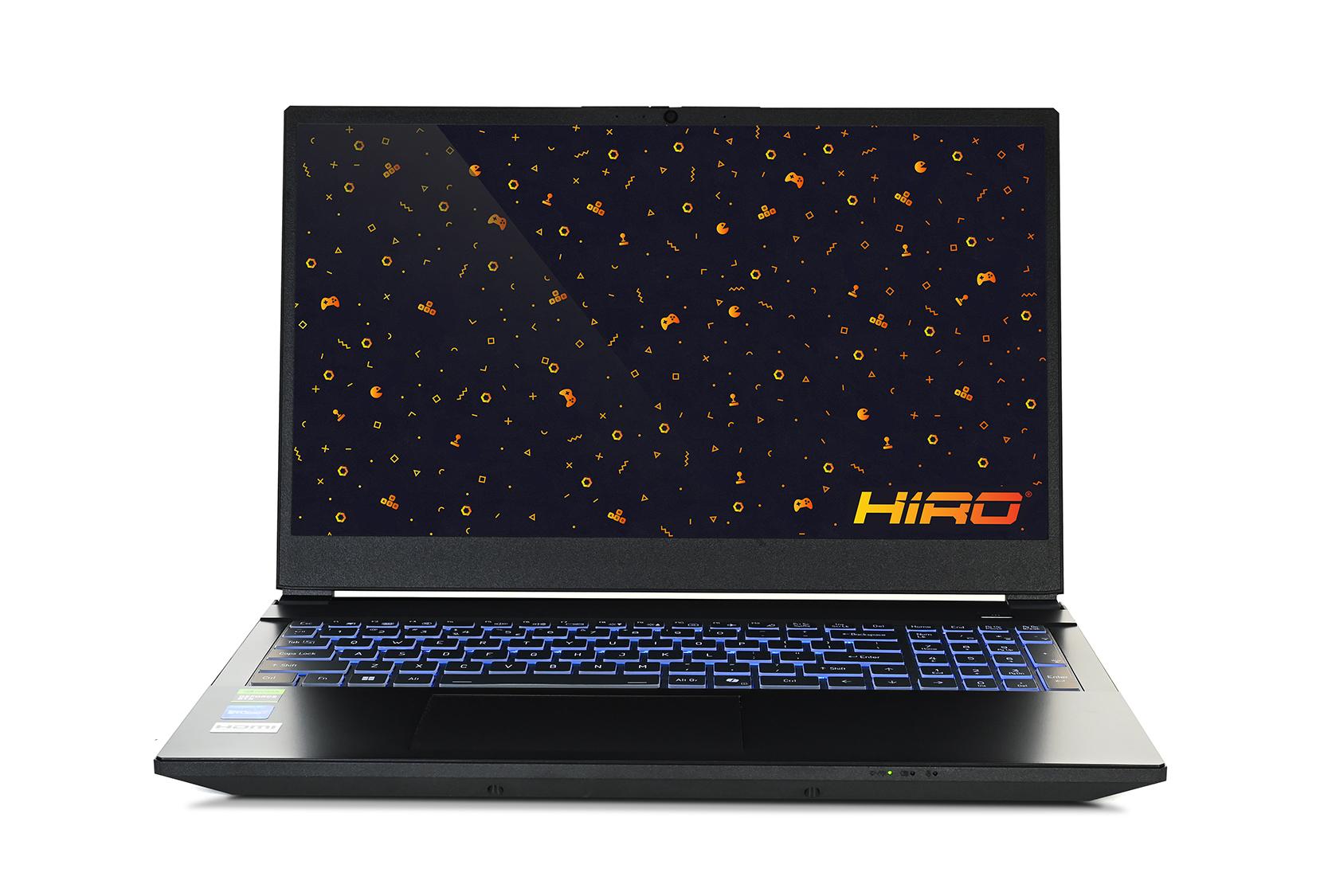 Laptop gamingowy HIRO z podświetlaną klawiaturą i tapetą z motywami gier na ekranie.