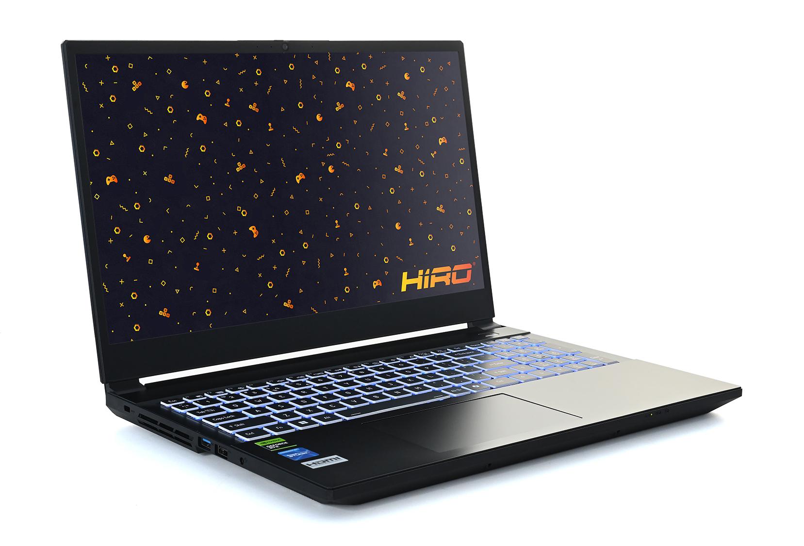 Laptop gamingowy HIRO z podświetlaną klawiaturą i wzorzystą tapetą.