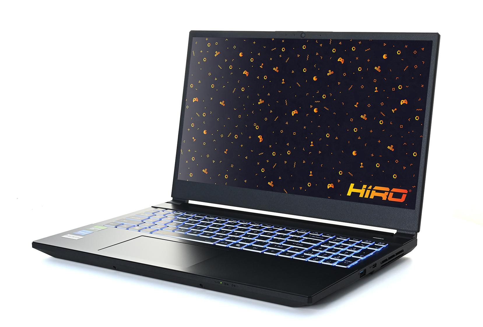 Laptop gamingowy Hiro z podświetlaną klawiaturą i logo na ekranie.