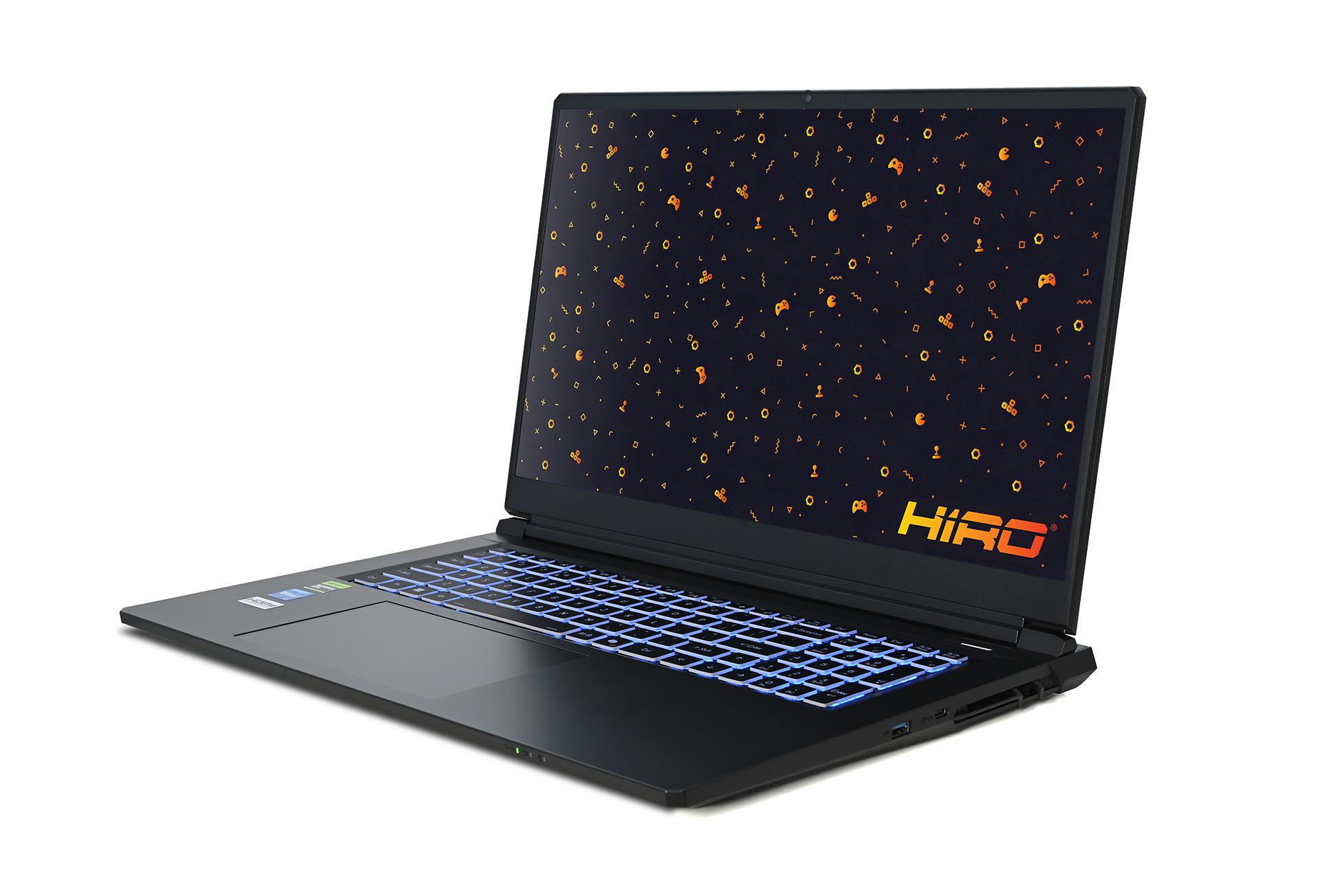 Laptop gamingowy HIRO z podświetlaną klawiaturą i tapetą w ikony gier.